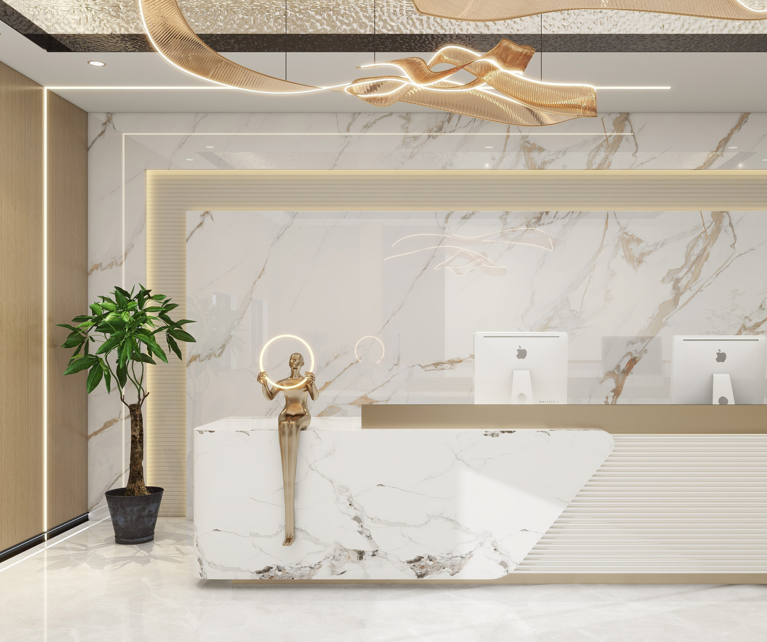 Modern interior design with marble reception desk and decorative elements.